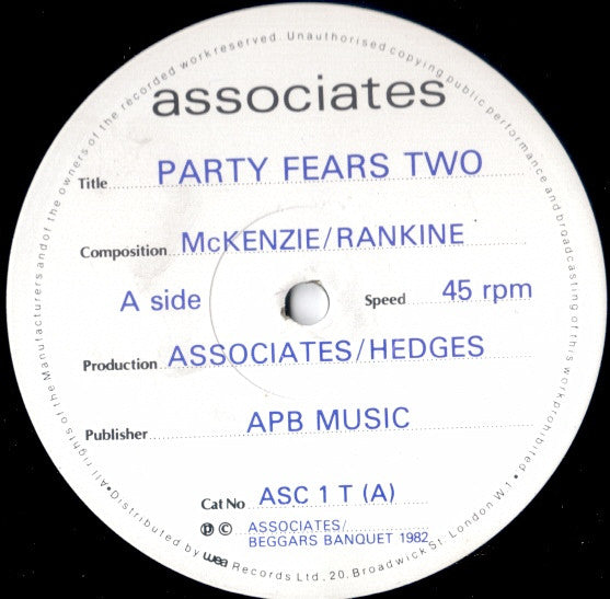 The Associates – Party Fears Two – 12"