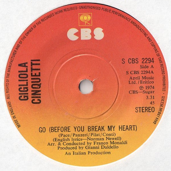 Gigliola Cinquetti – Go (Before You Break My Heart) – 7”